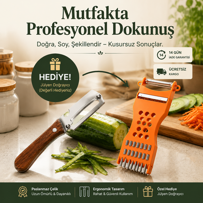 3'ü 1 arada Profesyonel Çelik Sebze Soyacağı, Sebze Doğrayıcı ve Şişe Açacağı + Jülyen Doğrayıcı HEDİYE !