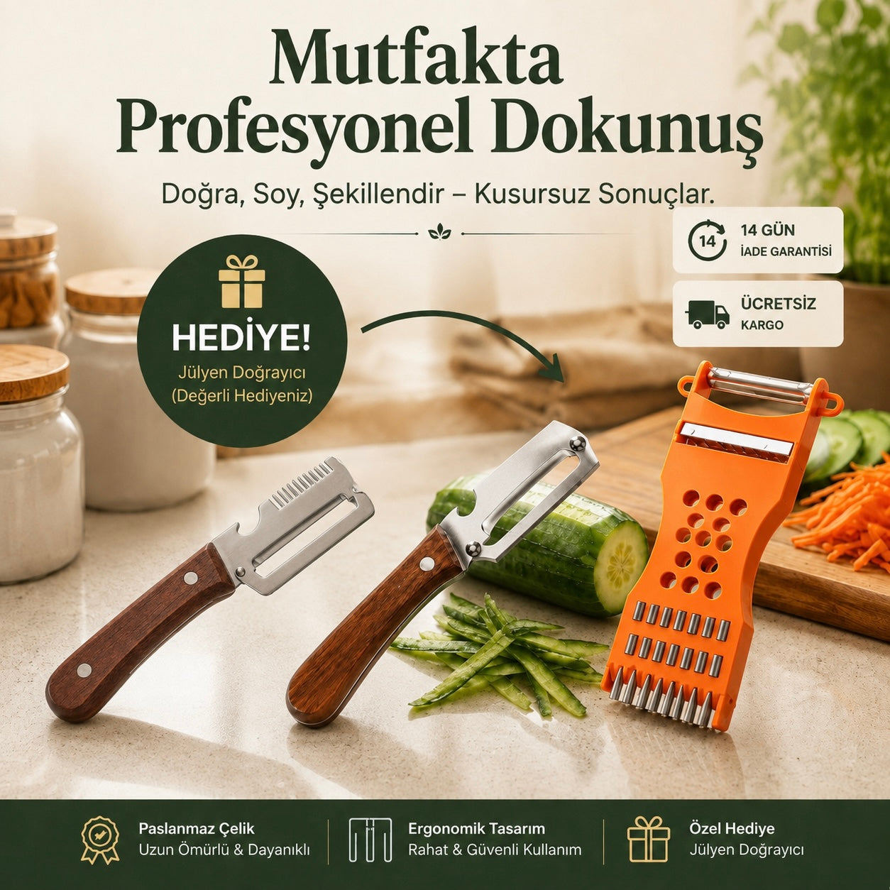 2'li Set - 3'ü 1 arada Profesyonel Çelik Sebze Soyacakları, Sebze Doğrayıcı ve Şişe Açacağı + Jülyen Doğrayıcı HEDİYE !