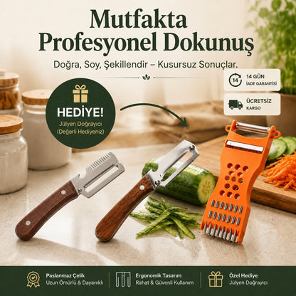 2'li Set - 3'ü 1 arada Profesyonel Çelik Sebze Soyacakları, Sebze Doğrayıcı ve Şişe Açacağı + Jülyen Doğrayıcı HEDİYE !