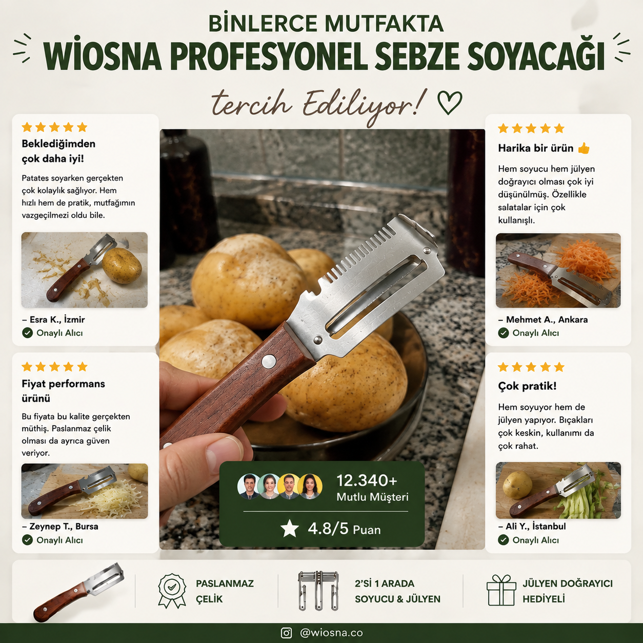 3'ü 1 arada Profesyonel Çelik Sebze Soyacağı, Sebze Doğrayıcı ve Şişe Açacağı + Jülyen Doğrayıcı HEDİYE !