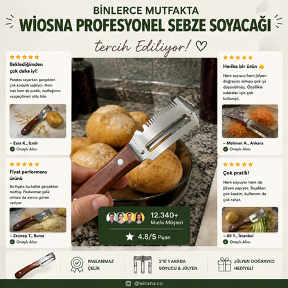 3'ü 1 arada Profesyonel Çelik Sebze Soyacağı, Sebze Doğrayıcı ve Şişe Açacağı + Jülyen Doğrayıcı HEDİYE !