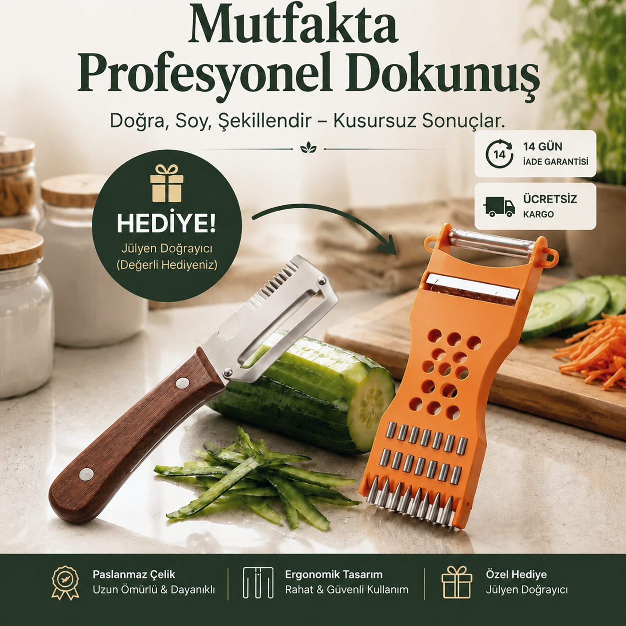 3'ü 1 arada Profesyonel Çelik Sebze Soyacağı, Sebze Doğrayıcı ve Şişe Açacağı + Jülyen Doğrayıcı HEDİYE !