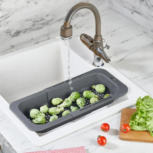 Sürgülü Ayarlanabilir Pratik Lavabo Süzgeci, Uzun Kısa Ayarlı Evye, Meyve Sebze Salata Yıkama Gri